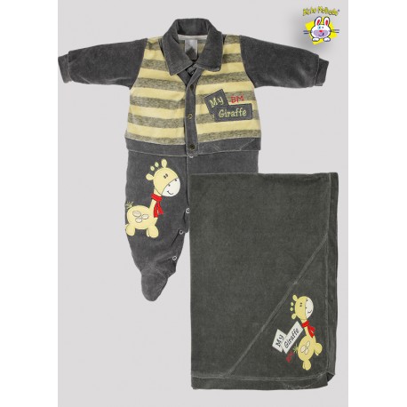 KIT MACACAO PL. C/ CASACO SOBREPOSTO BORD. GIRAFFE + MANTA PL. BORD. GIRAFFE (O)